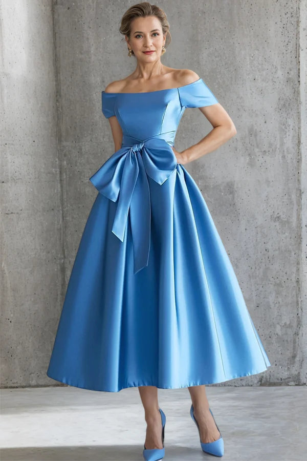 Off the Shoulder Tea Length Blue Mother Of The Bride Dress with Bow
