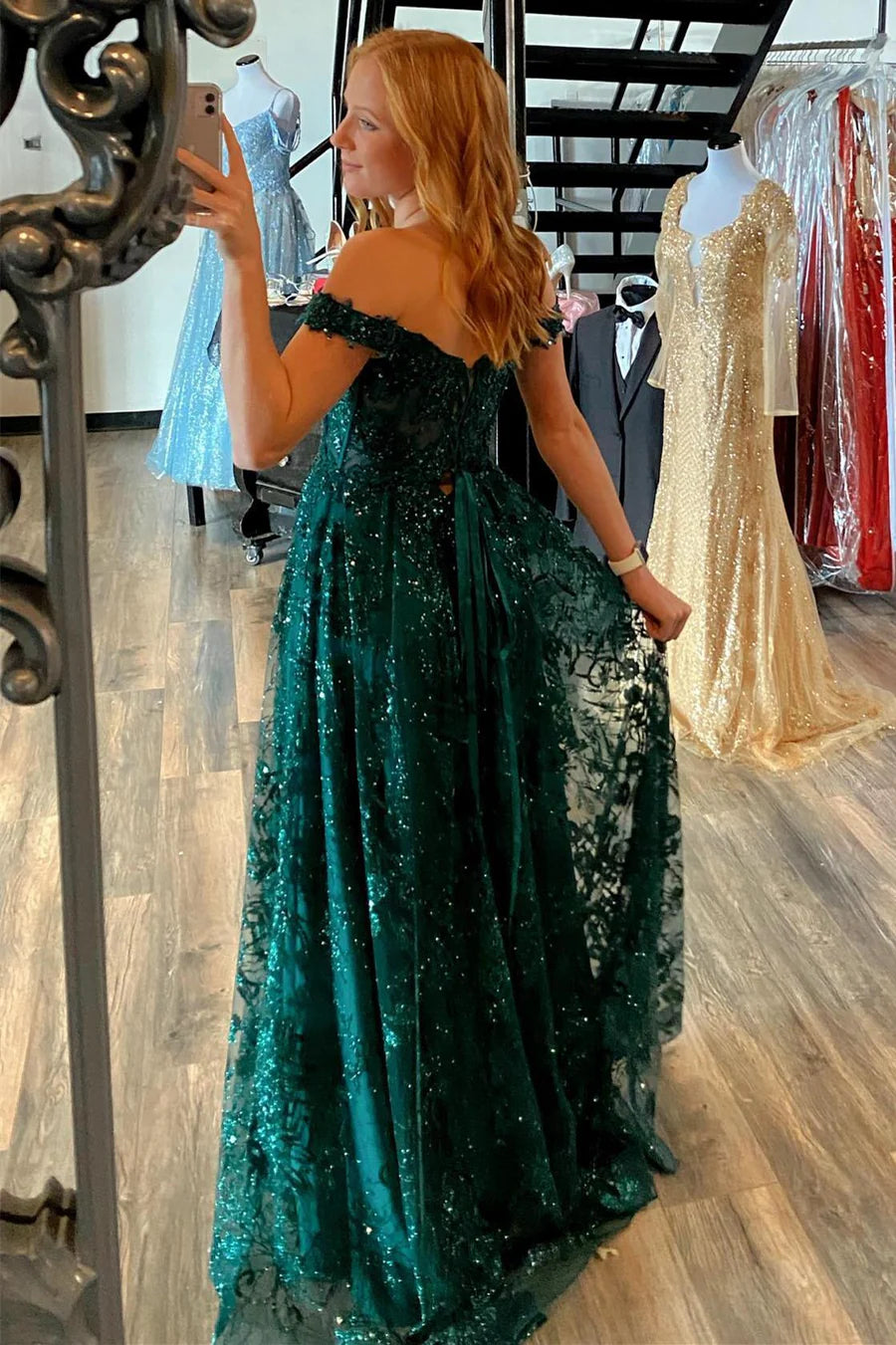 Off the Shoulder V-Neck Appliques A-Line Green Long Formal Dress