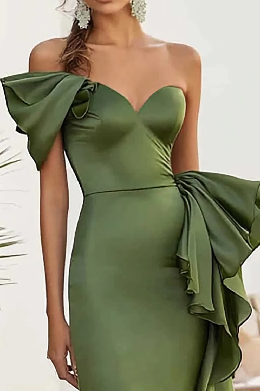 Olive Mermaid Satin Long Sweetheart Formal Dress with Ruffles