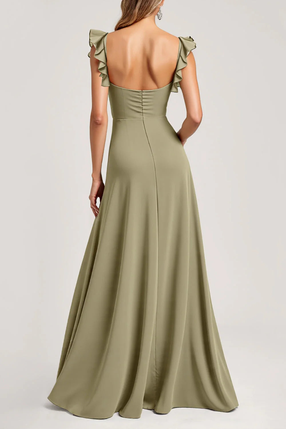 Olive Ruffled A Line Long Square Neck Bridesmaid Dress with Slit