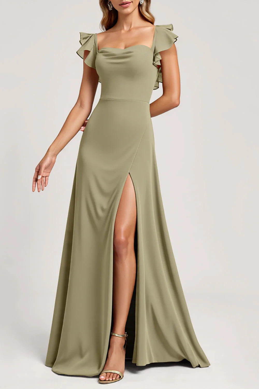 Olive Ruffled A Line Long Square Neck Bridesmaid Dress with Slit