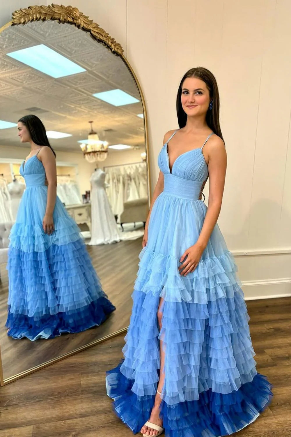 Ombre Blue A-Line Spaghetti Straps Lace Up Long Tulle Prom Dress