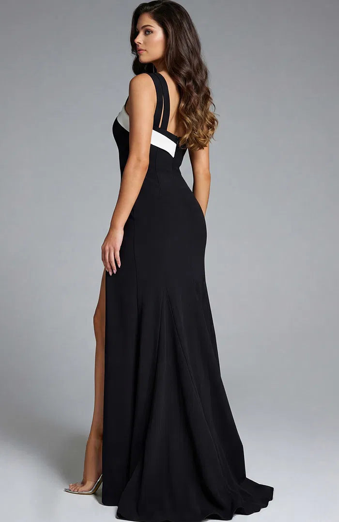 One-Shoulder Evening Dress with Contrast Panel, High Slit and Sweeping Train Hem