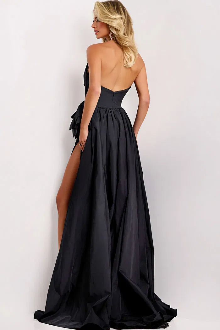 One-Shoulder Evening Dress with Rhinestone Accent, Oversized Bow Detail, High Slit and Train