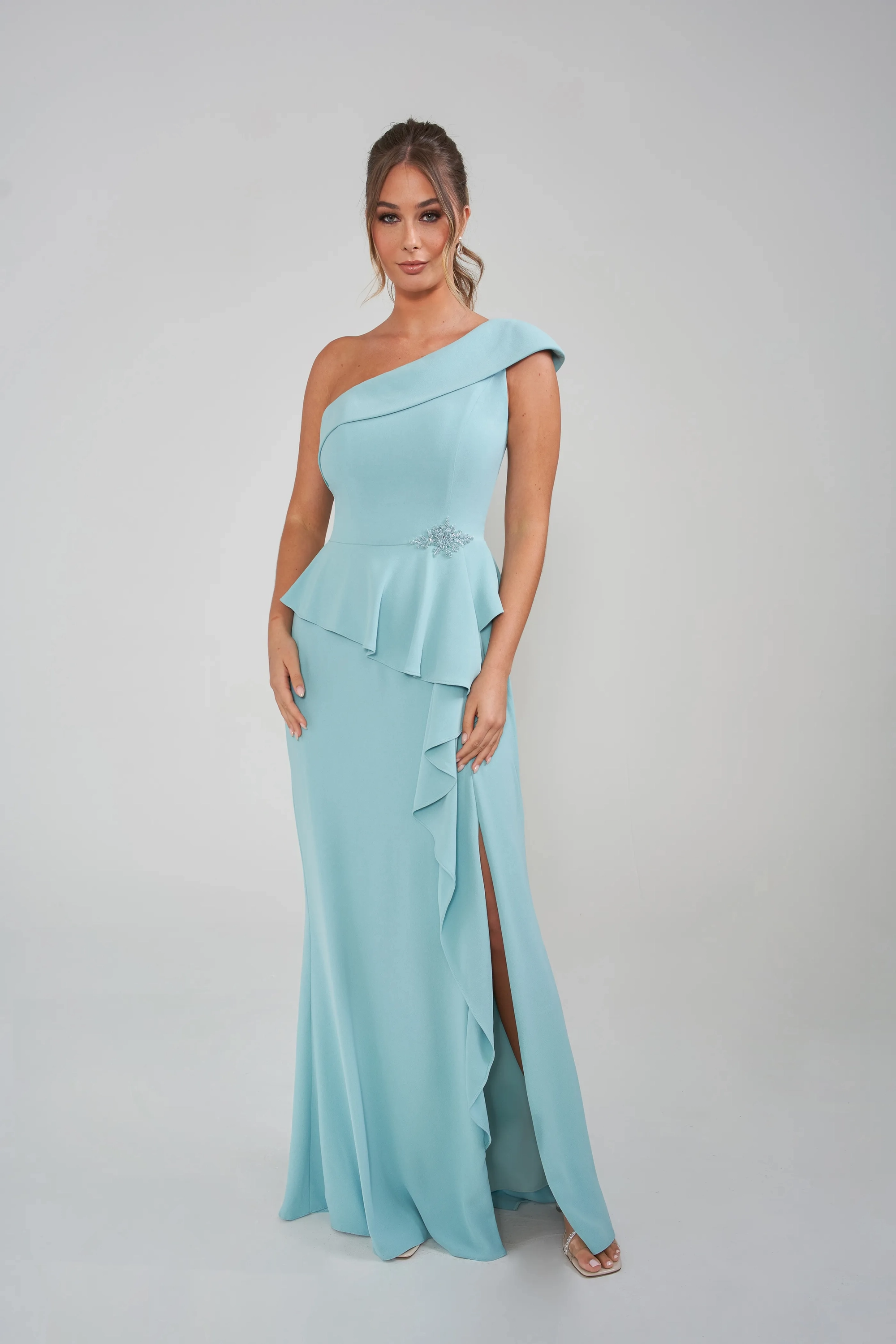One-Shoulder Peplum Ruffle High Slit Crepe Floor-Length Mother of the Bride Dresses