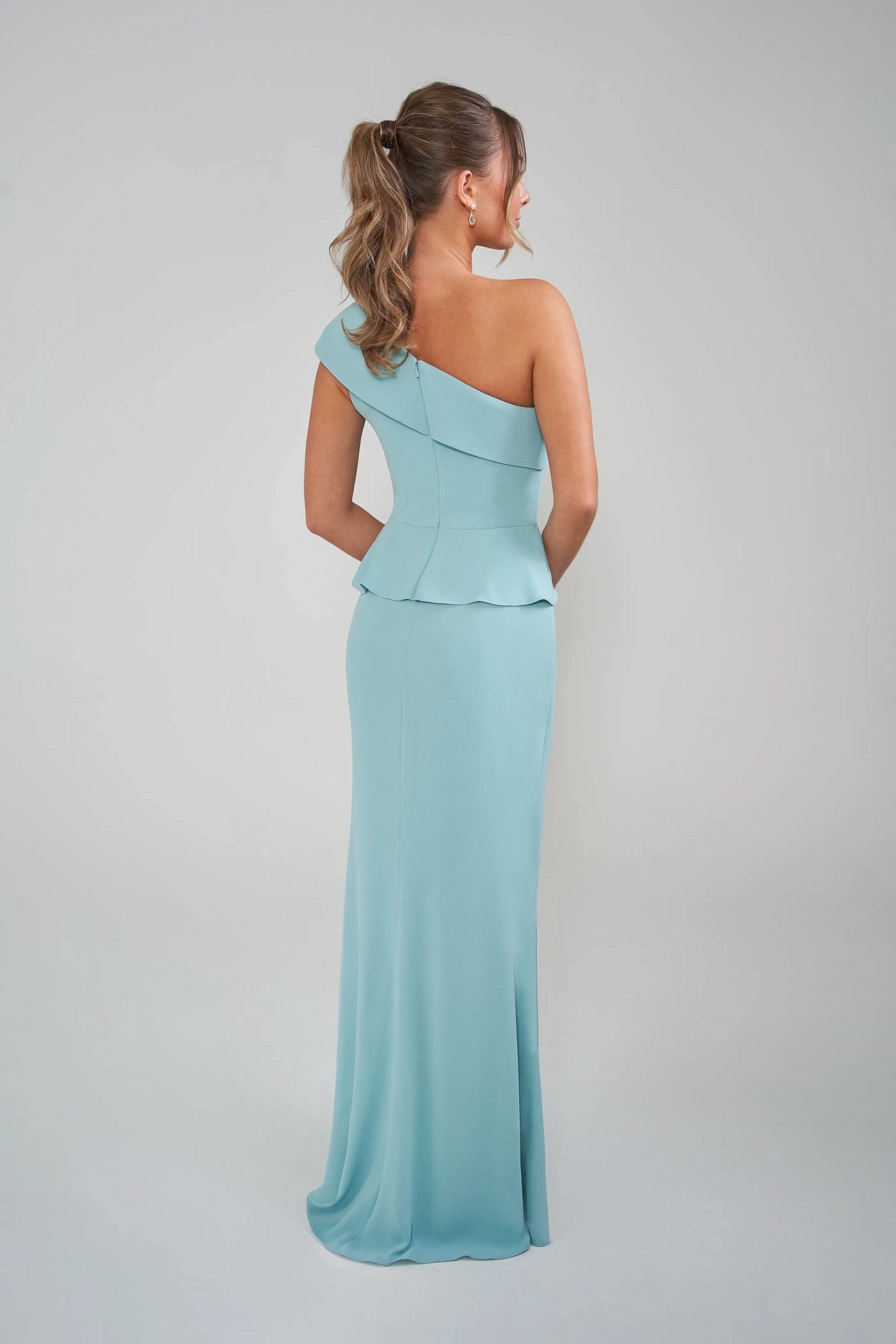 One-Shoulder Peplum Ruffle High Slit Crepe Floor-Length Mother of the Bride Dresses