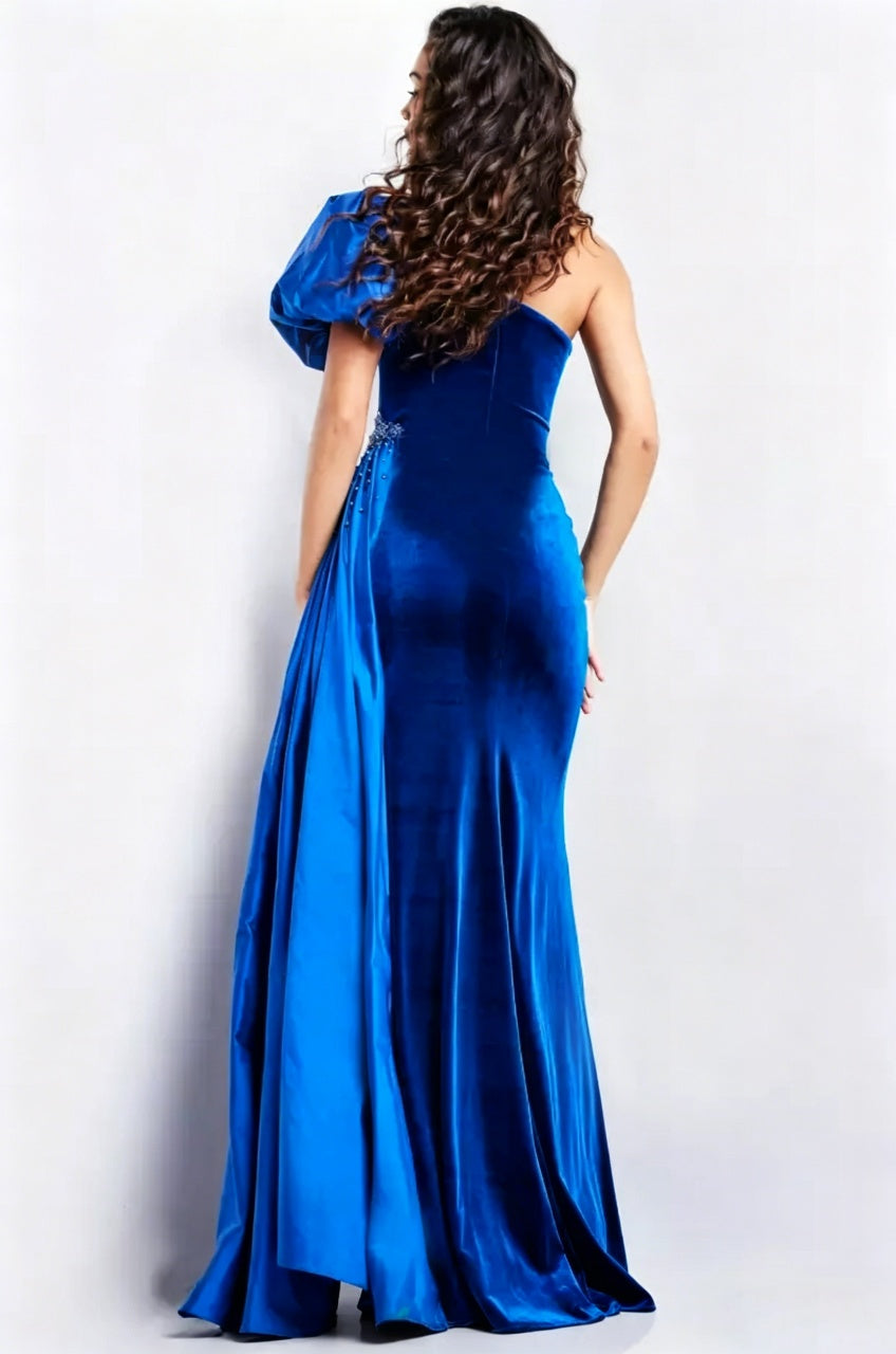 One-Shoulder Puff Sleeve Velvet Mermaid High Slit Floor-Length Evening Dresses