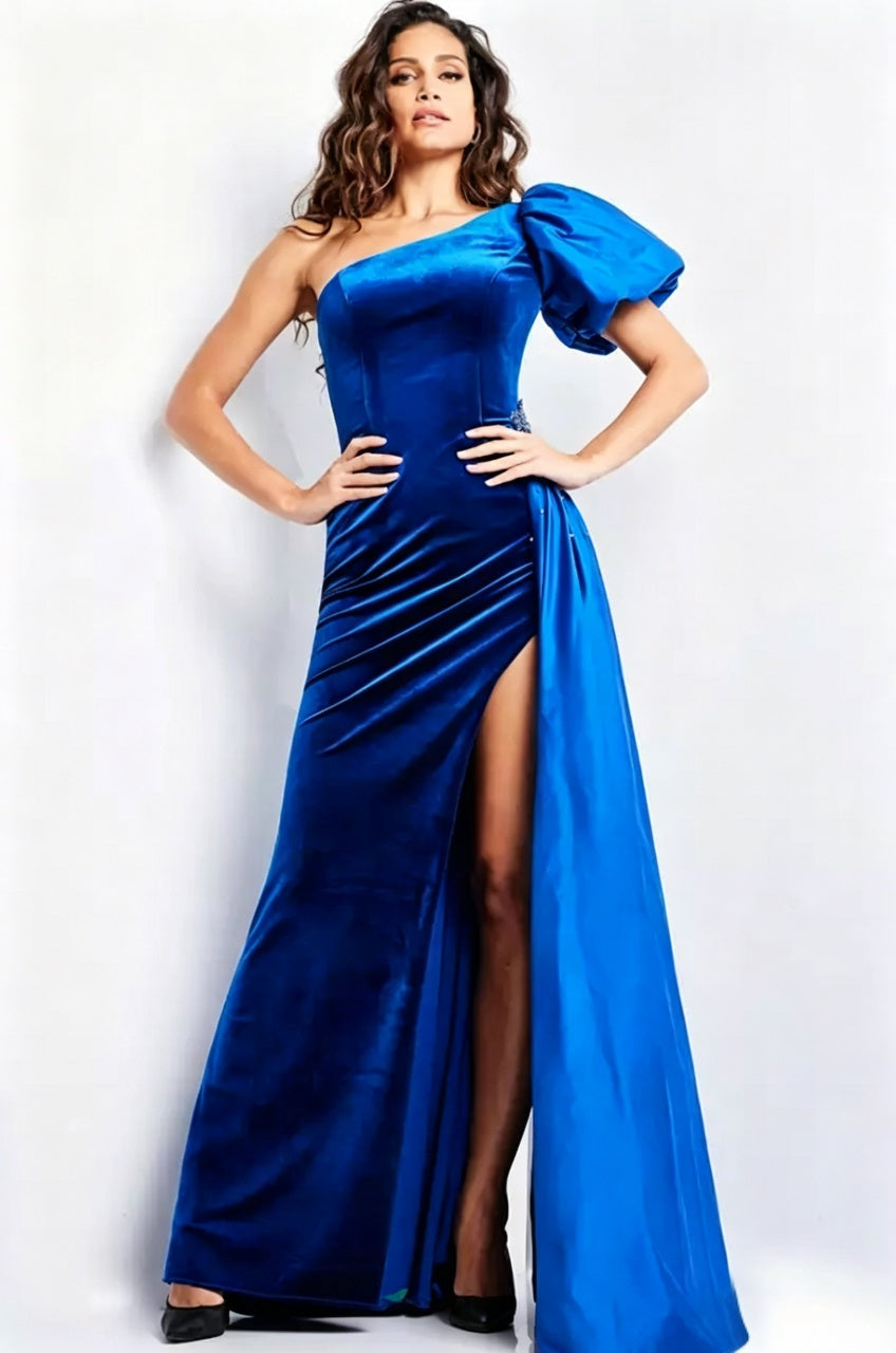 One-Shoulder Puff Sleeve Velvet Mermaid High Slit Floor-Length Evening Dresses