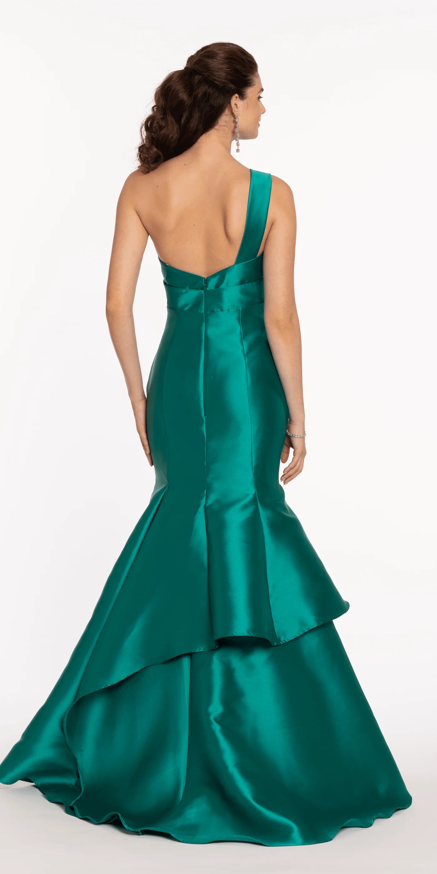 One-Shoulder Satin Mermaid Evening Dresses with Ruffle Tier and Open Back