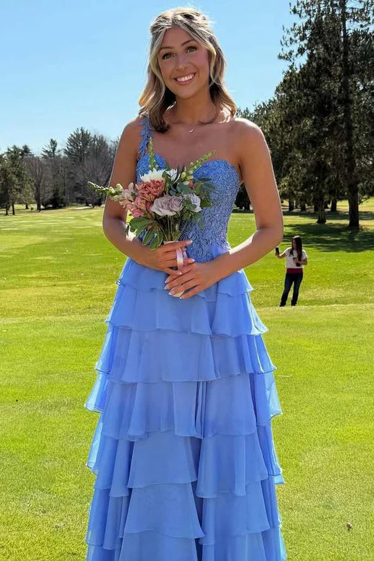 One Shoulder A-Line Empire-Waist Layered Chiffon Prom Dress