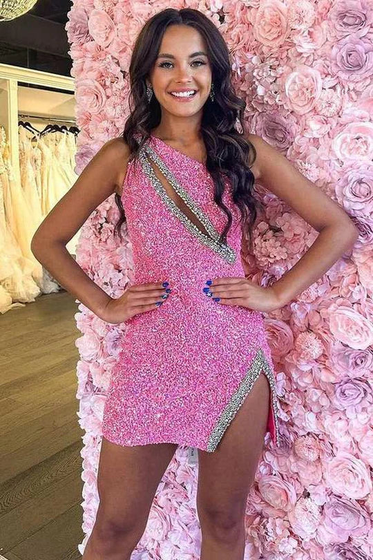 One Shoulder Beads Sequins Sleeveless Mini Homecoming Dress