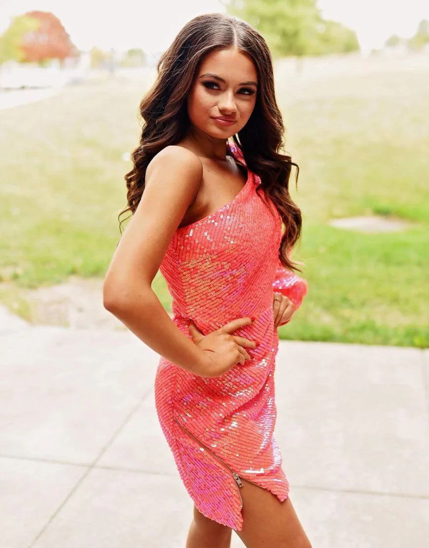 One Shoulder Long Sleeves Short Mini Unique Design Homecoming Dress