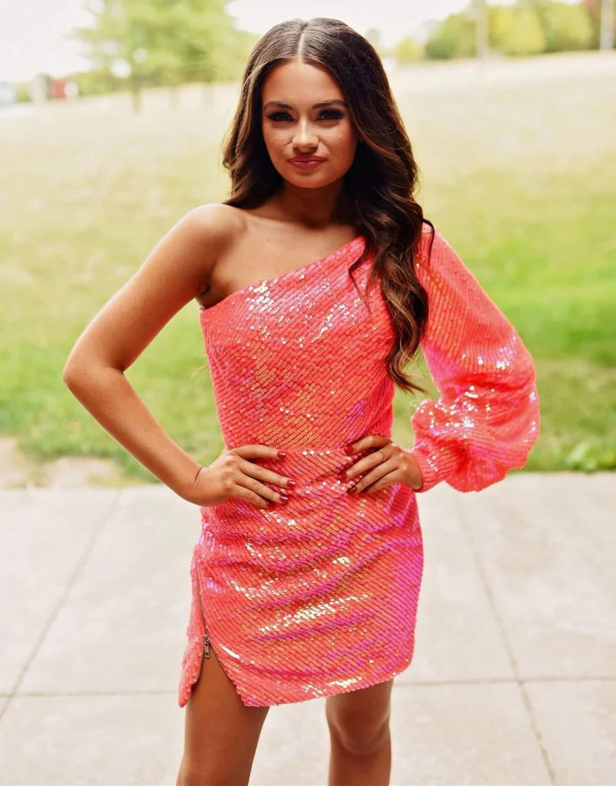 One Shoulder Long Sleeves Short Mini Unique Design Homecoming Dress