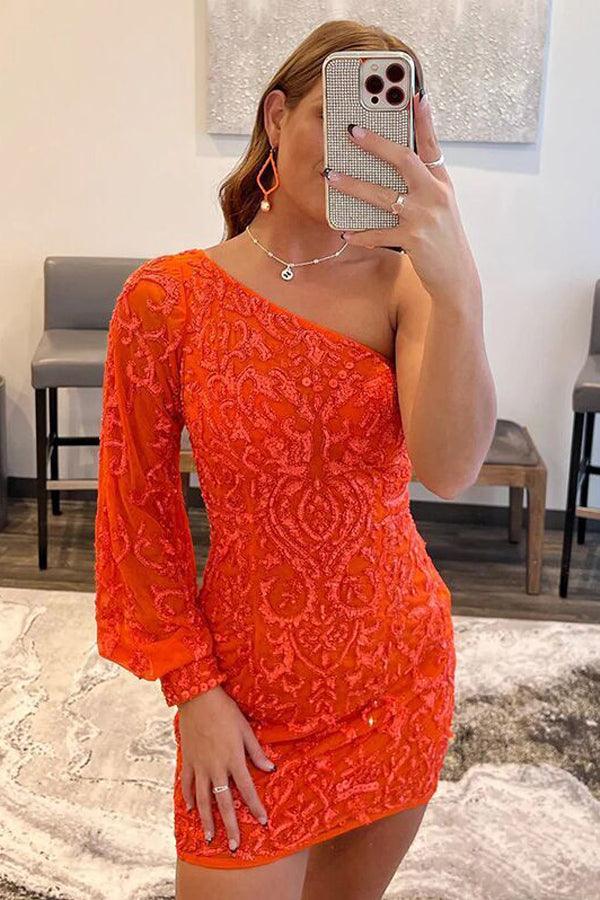 One Shoulder Tight Short Prom Dress Orange Homecoming Dress