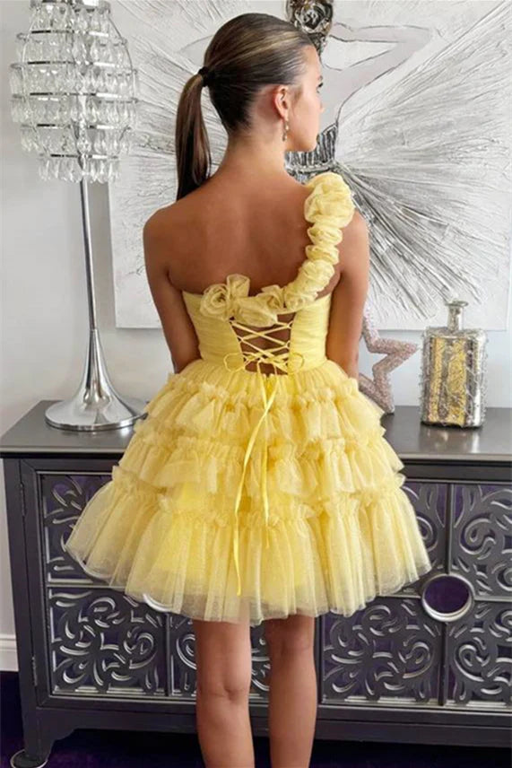 One Shoulder Yellow Rosette Tiered Short Full Of Charm Homecoming Dresses