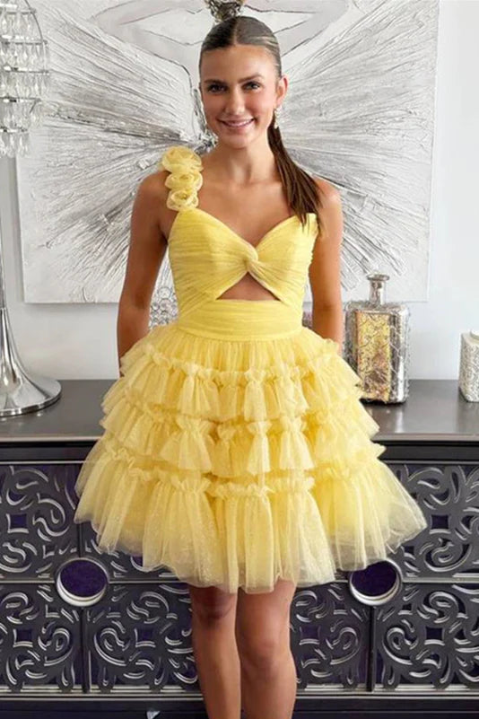 One Shoulder Yellow Rosette Tiered Short Full Of Charm Homecoming Dresses