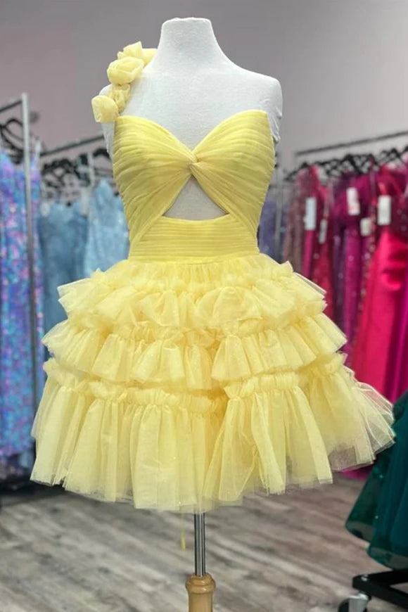 One Shoulder Yellow Rosette Tiered Short Full Of Charm Homecoming Dresses