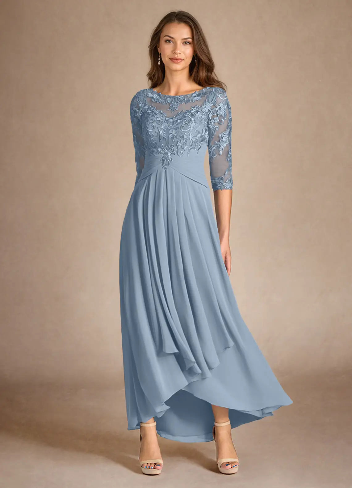 Opulent A-Line Illusion Lace Chiffon Asymmetrical Hem Floor Length Mother of the Bride Dress