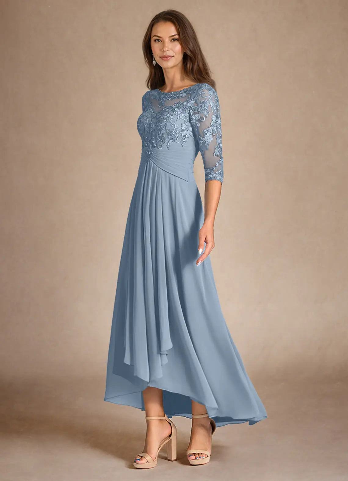 Opulent A-Line Illusion Lace Chiffon Asymmetrical Hem Floor Length Mother of the Bride Dress