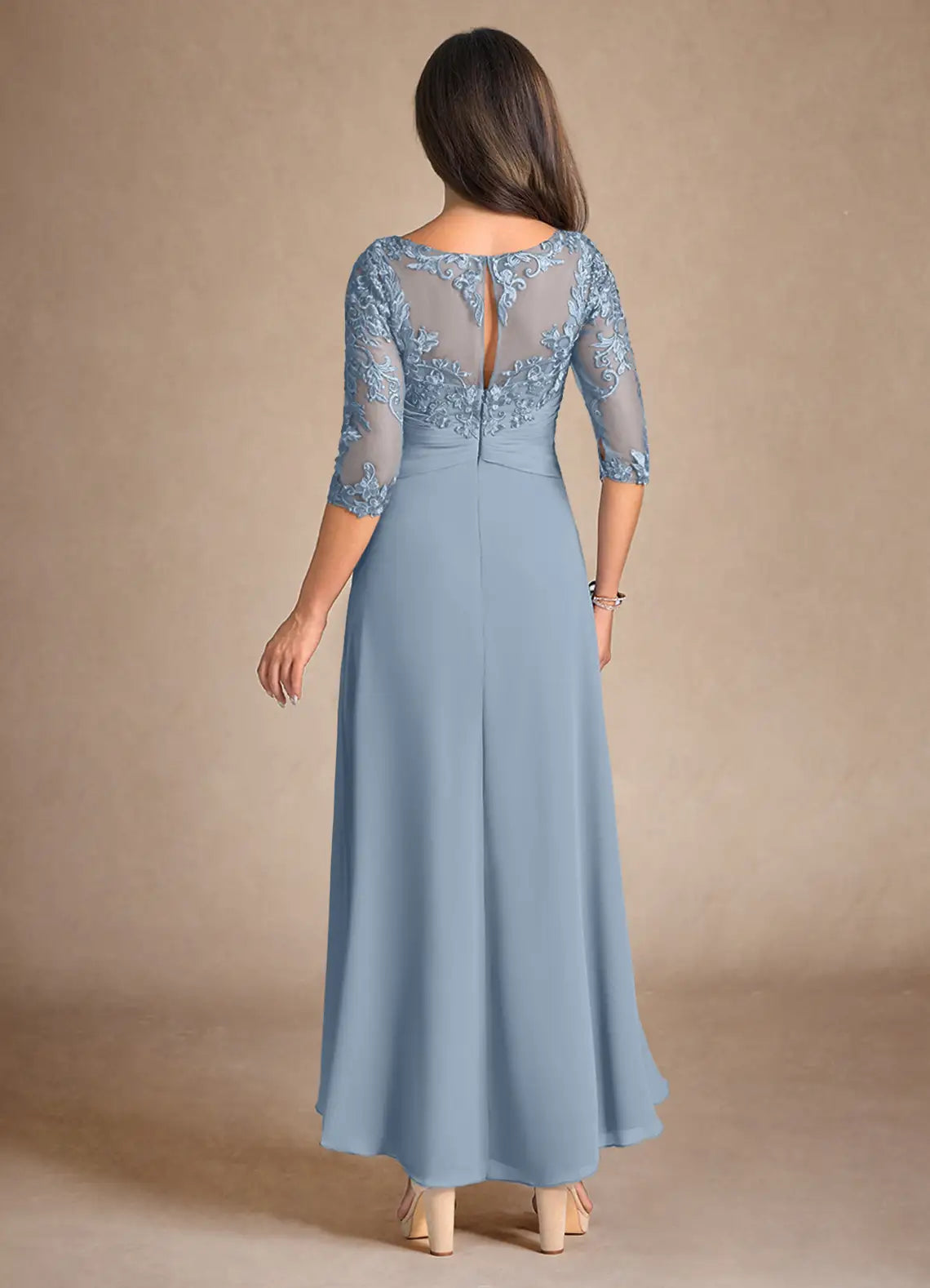 Opulent A-Line Illusion Lace Chiffon Asymmetrical Hem Floor Length Mother of the Bride Dress