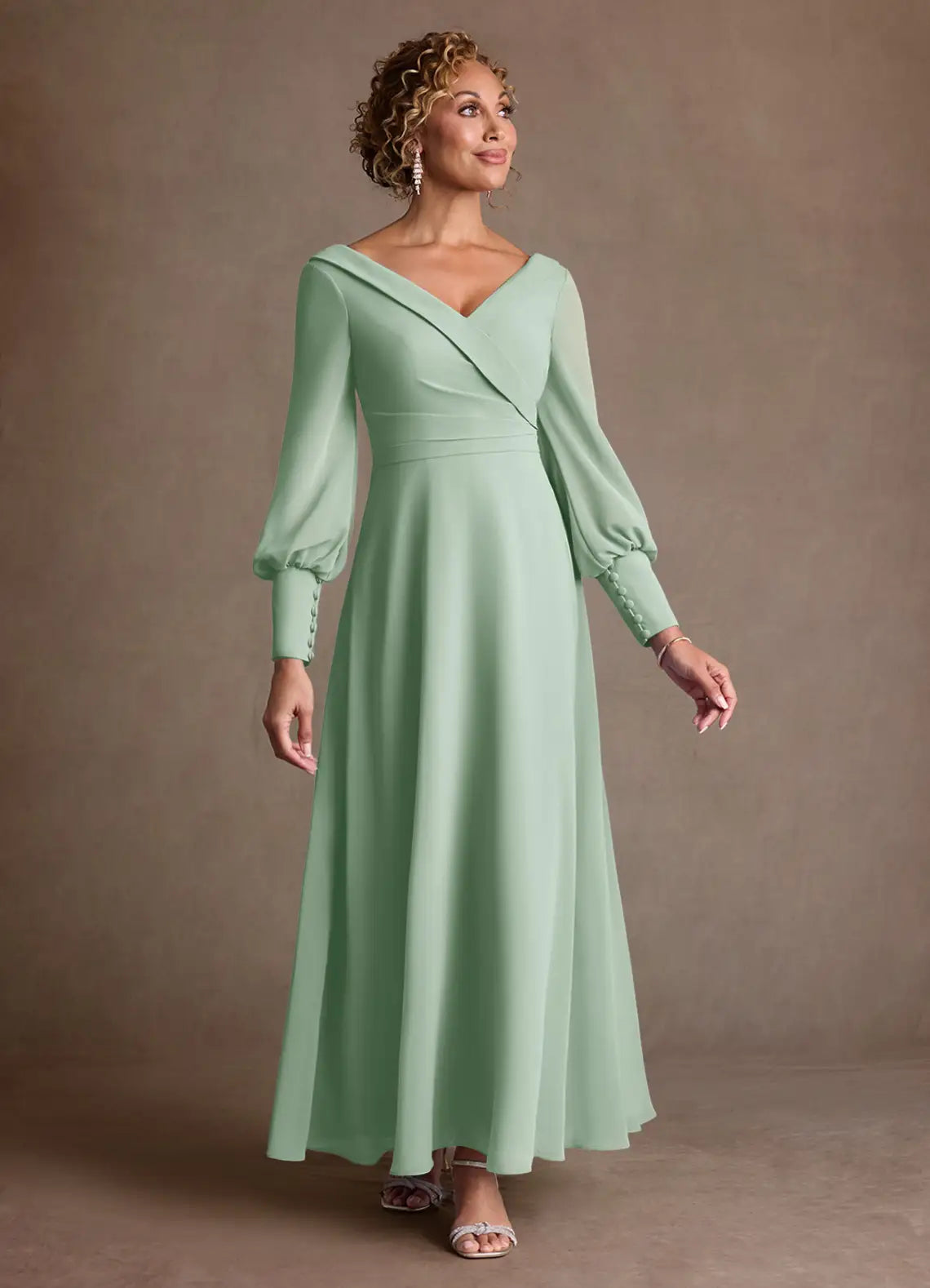 Opulent A-Line V-Neck Chiffon Bishop Sleeve Floor Length Mother of the Bride Dress