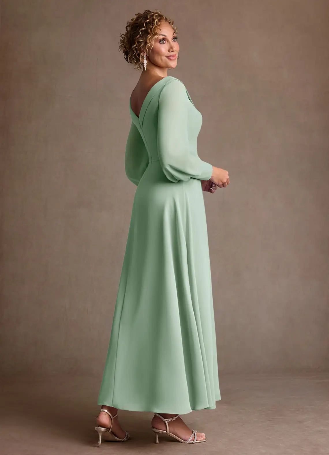 Opulent A-Line V-Neck Chiffon Bishop Sleeve Floor Length Mother of the Bride Dress