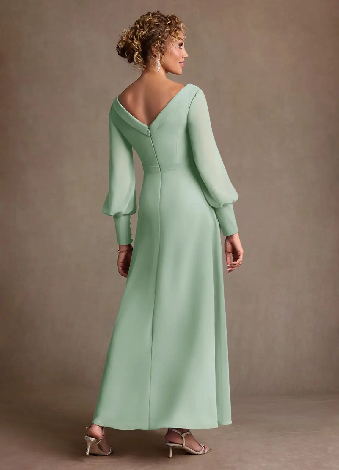 Opulent A-Line V-Neck Chiffon Bishop Sleeve Floor Length Mother of the Bride Dress