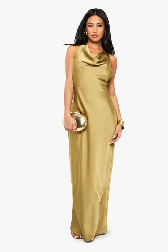 Opulent Cowl Neck Crisscross Backless Halter Satin Evening Gowns