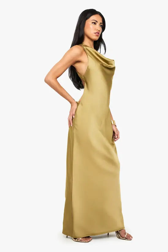 Opulent Cowl Neck Crisscross Backless Halter Satin Evening Gowns