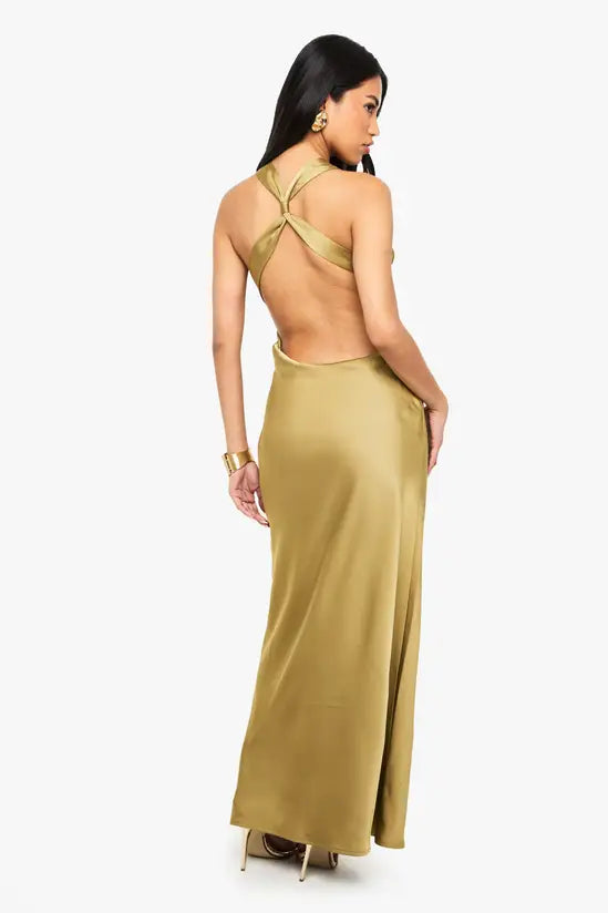 Opulent Cowl Neck Crisscross Backless Halter Satin Evening Gowns