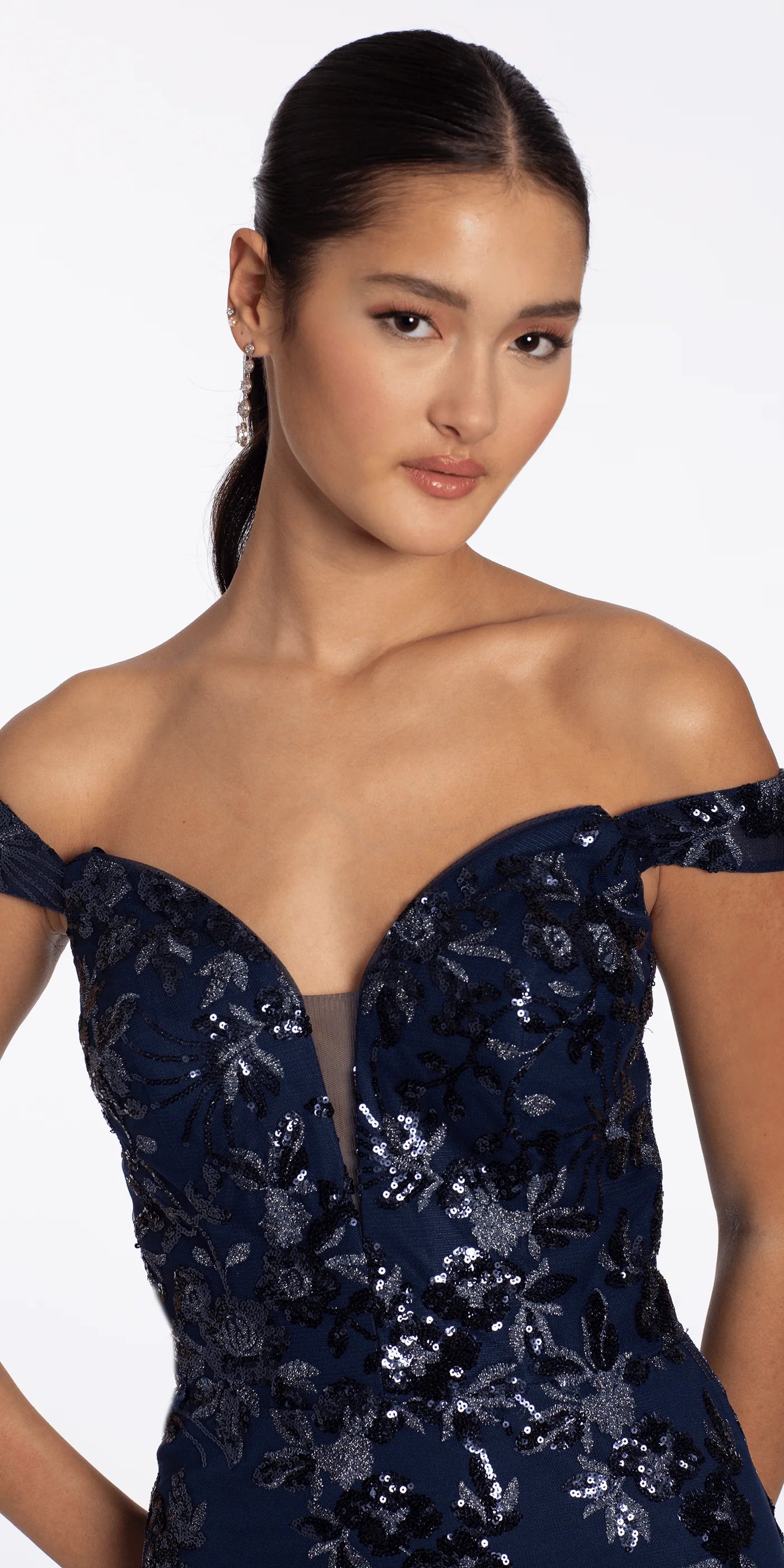 Opulent Evening Dress with Off-the-Shoulder Neckline, Sequin Floral Embroidery and Mermaid Train