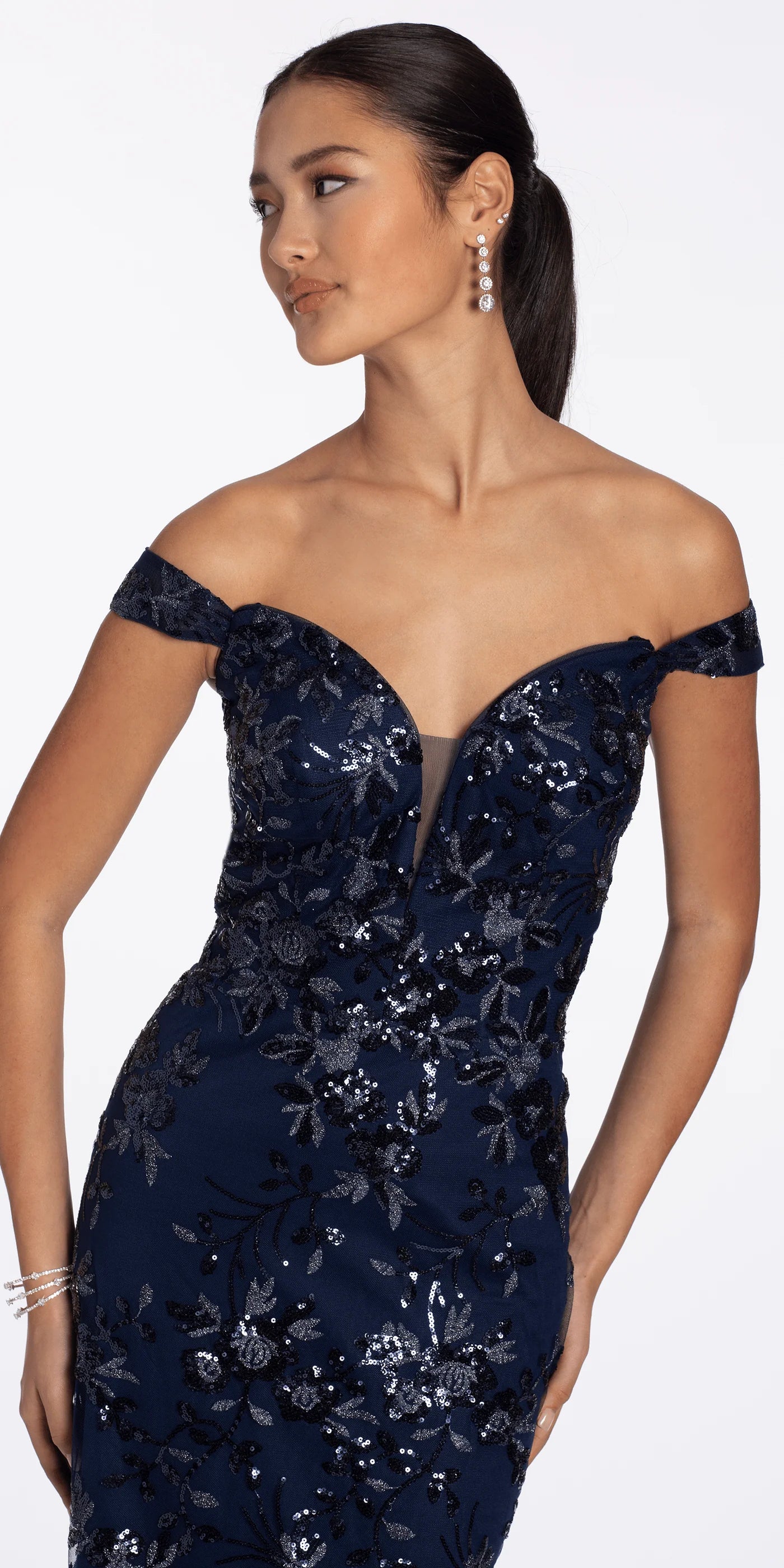 Opulent Evening Dress with Off-the-Shoulder Neckline, Sequin Floral Embroidery and Mermaid Train