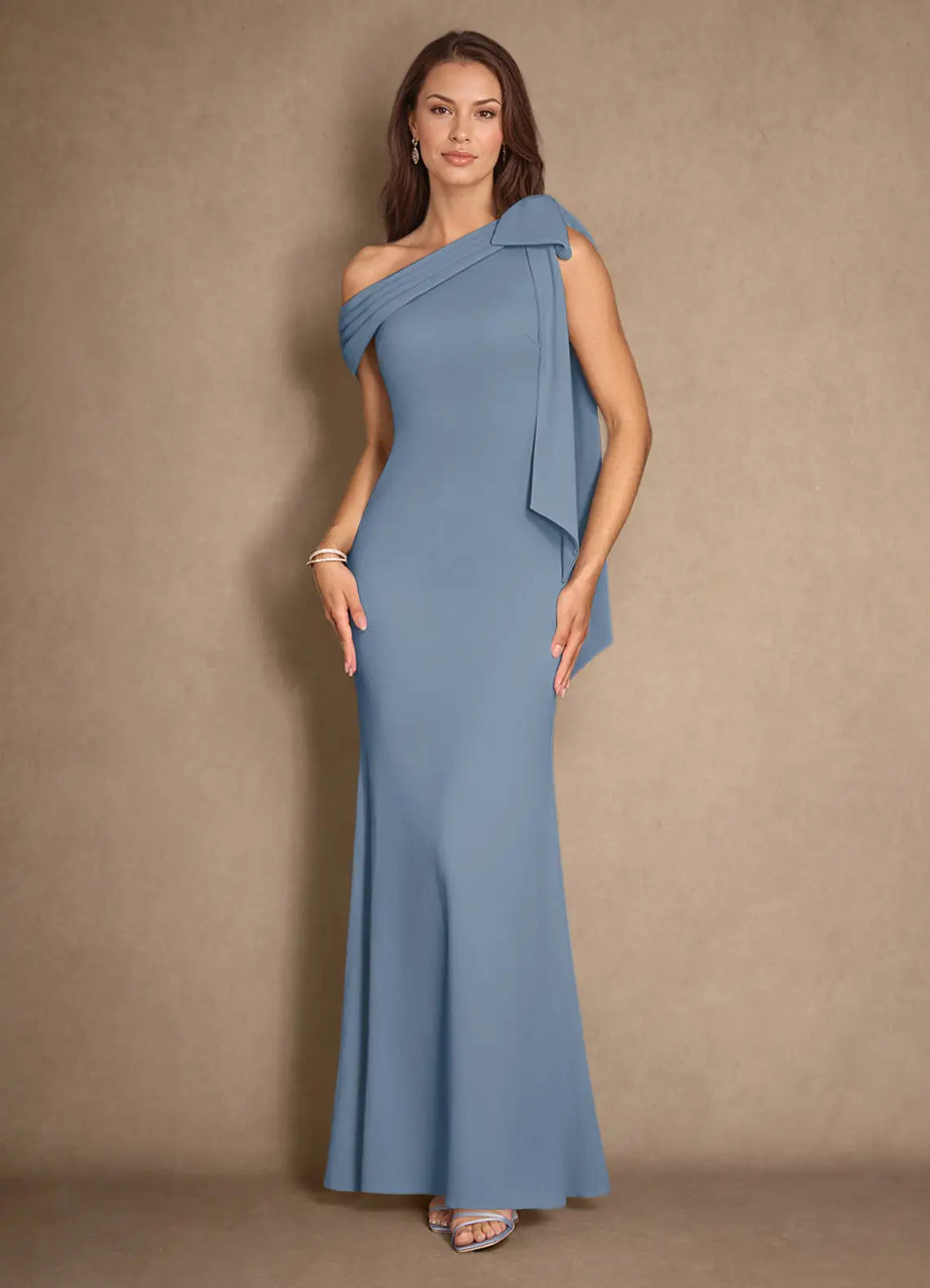 Opulent Mermaid Asymmetrical One-Shoulder Crepe Bow Floor Length Mother of the Bride Dress