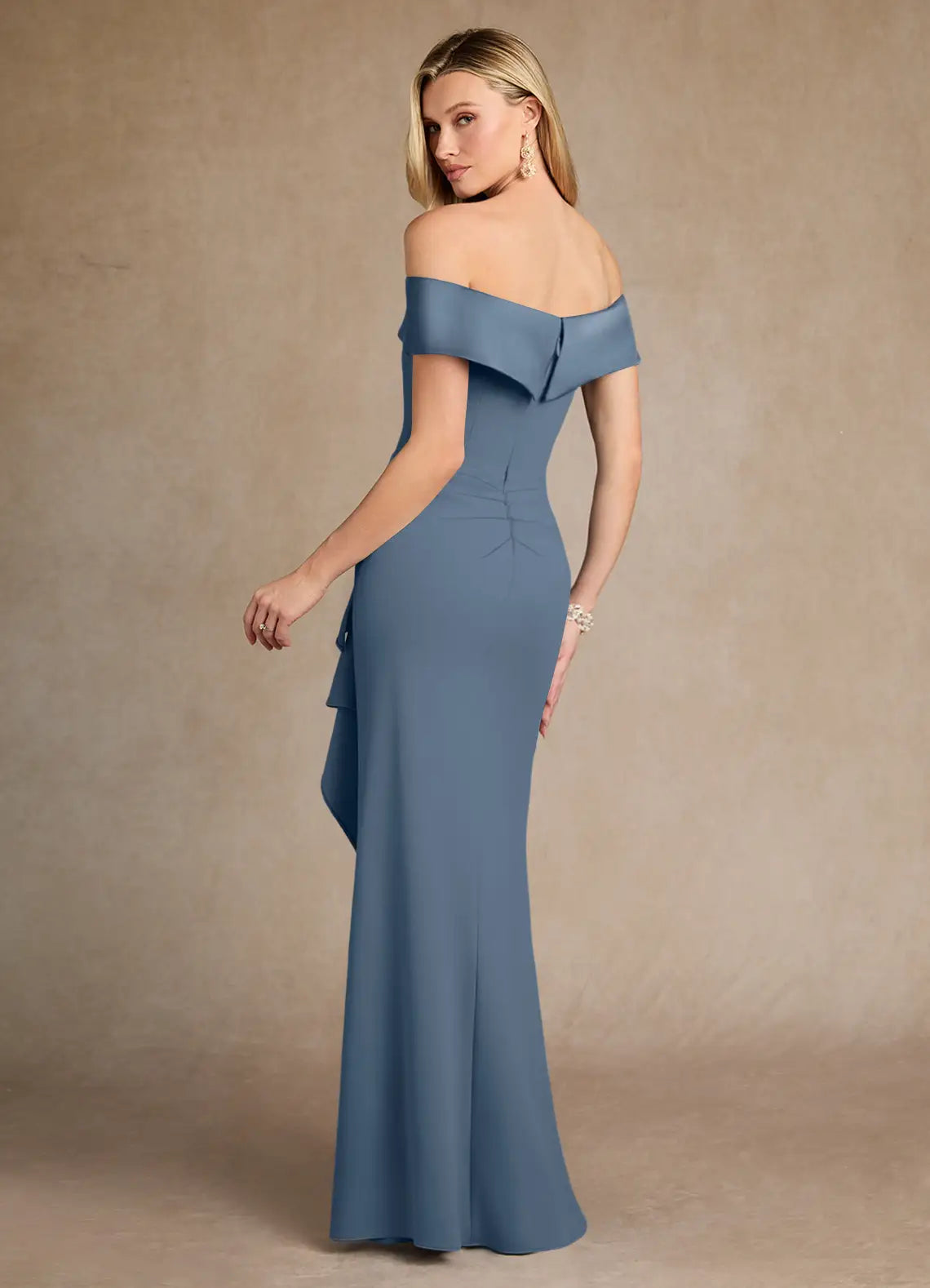 Opulent Mermaid Off-the-Shoulder Crepe Ruffle Slit Floor Length Mother of the Bride Dress