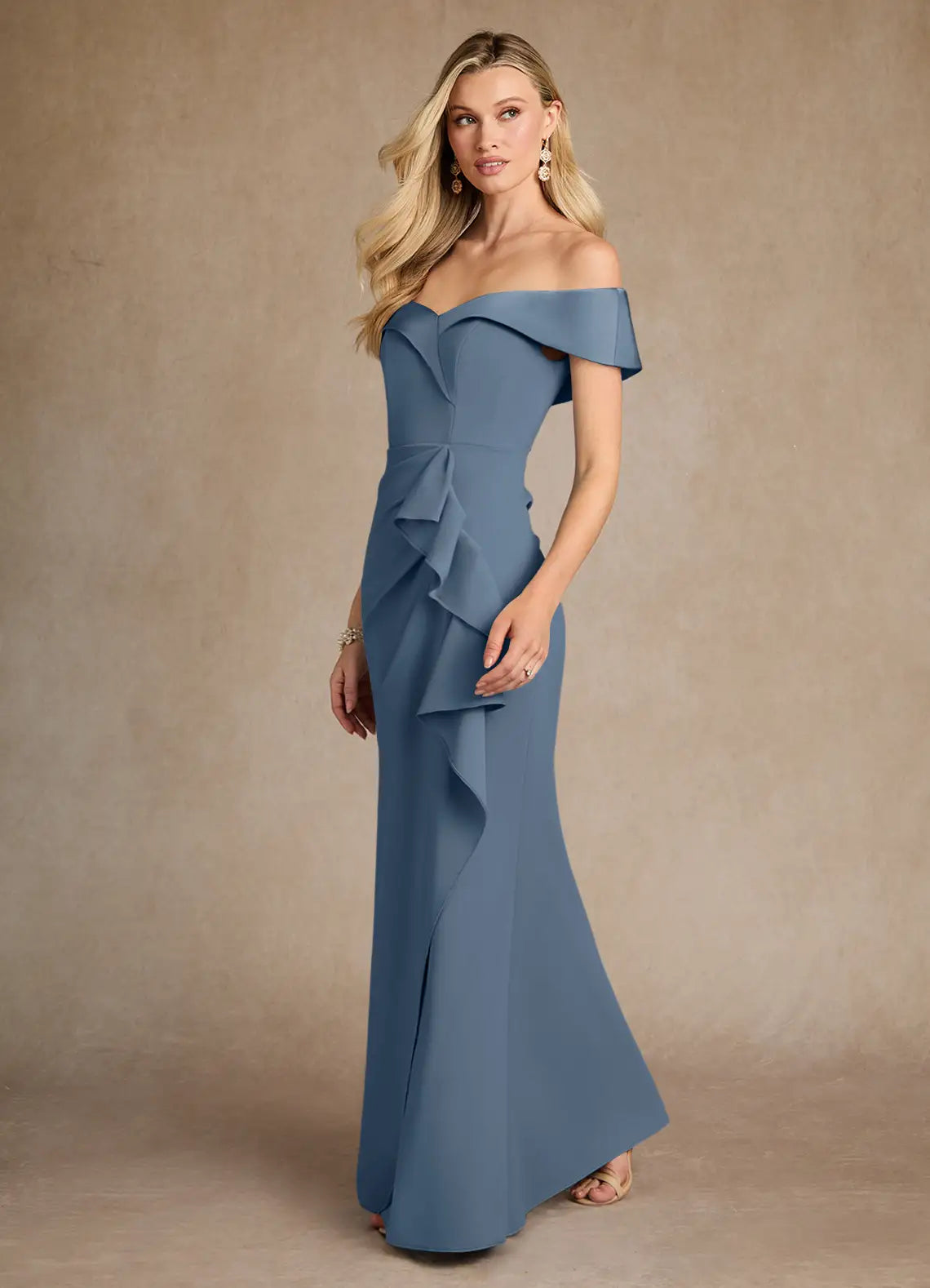 Opulent Mermaid Off-the-Shoulder Crepe Ruffle Slit Floor Length Mother of the Bride Dress