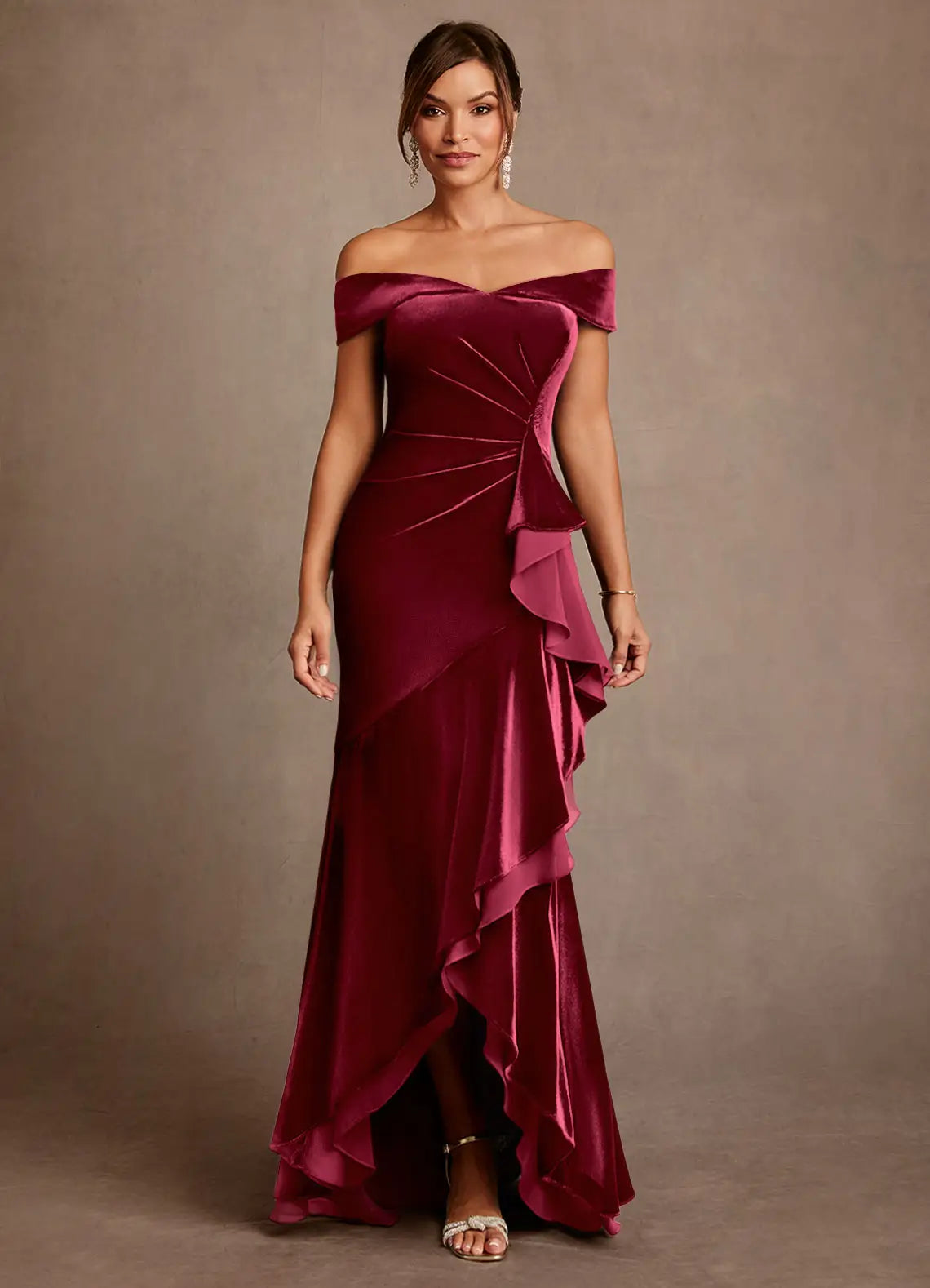Opulent Mermaid Off-the-Shoulder Velvet Ruffle Floor Length Mother of the Bride Dress