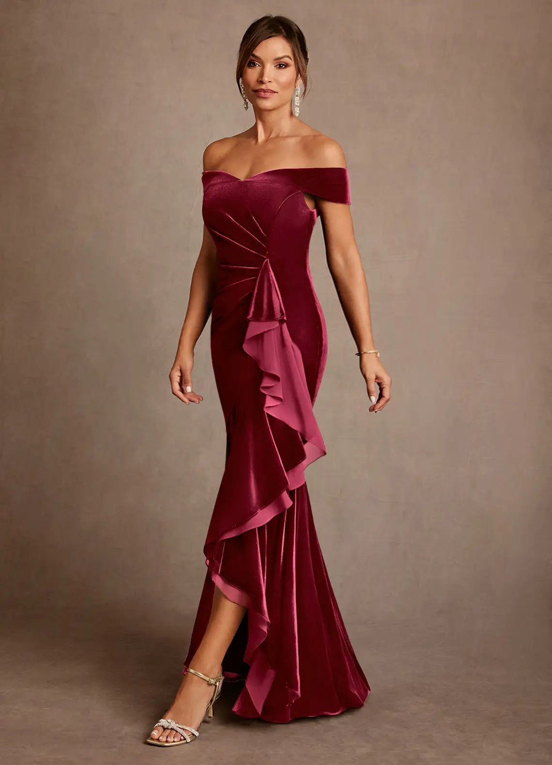 Opulent Mermaid Off-the-Shoulder Velvet Ruffle Floor Length Mother of the Bride Dress