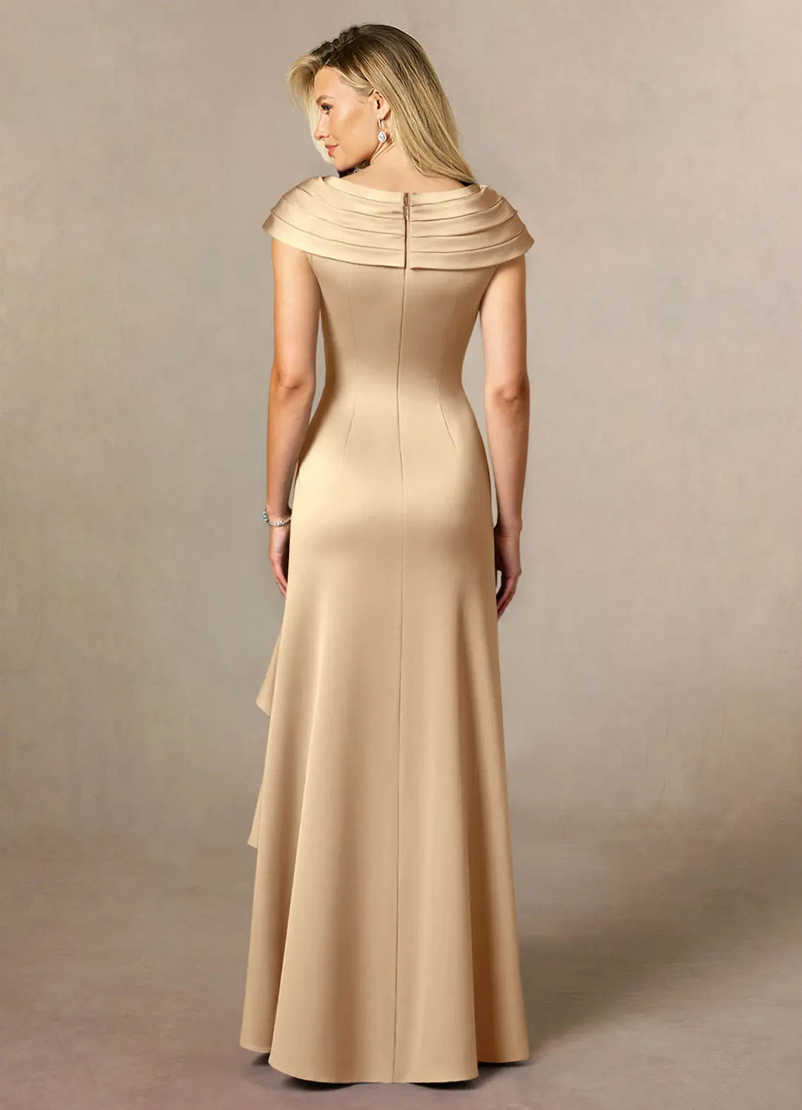 Opulent Mermaid Pleated V-Neck Satin Ruffle Slit Floor Length Mother of the Bride Dress