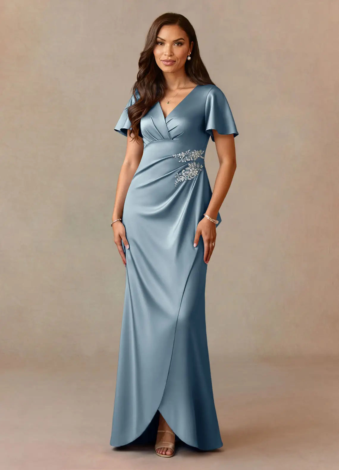Opulent Mermaid V-Neck Flutter Sleeve Embellished Satin Floor Length Mother of the Bride Dress
