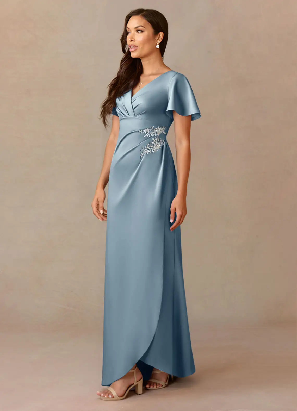Opulent Mermaid V-Neck Flutter Sleeve Embellished Satin Floor Length Mother of the Bride Dress