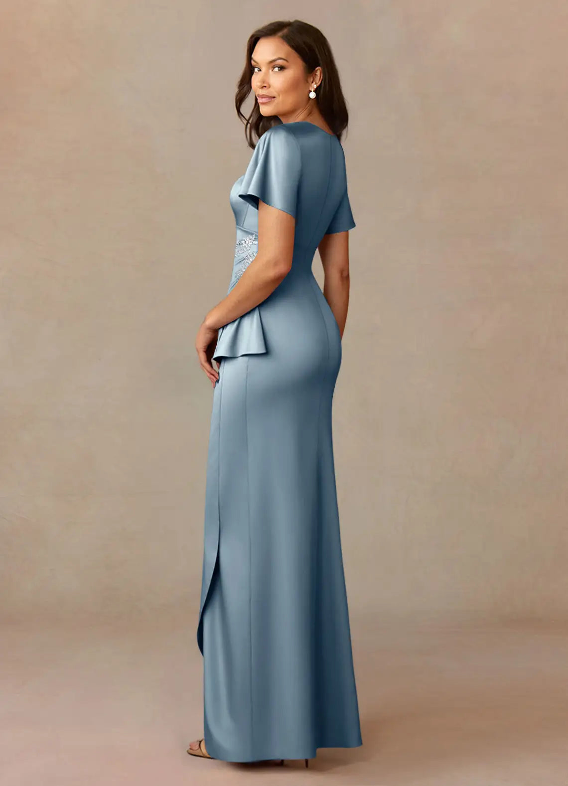 Opulent Mermaid V-Neck Flutter Sleeve Embellished Satin Floor Length Mother of the Bride Dress