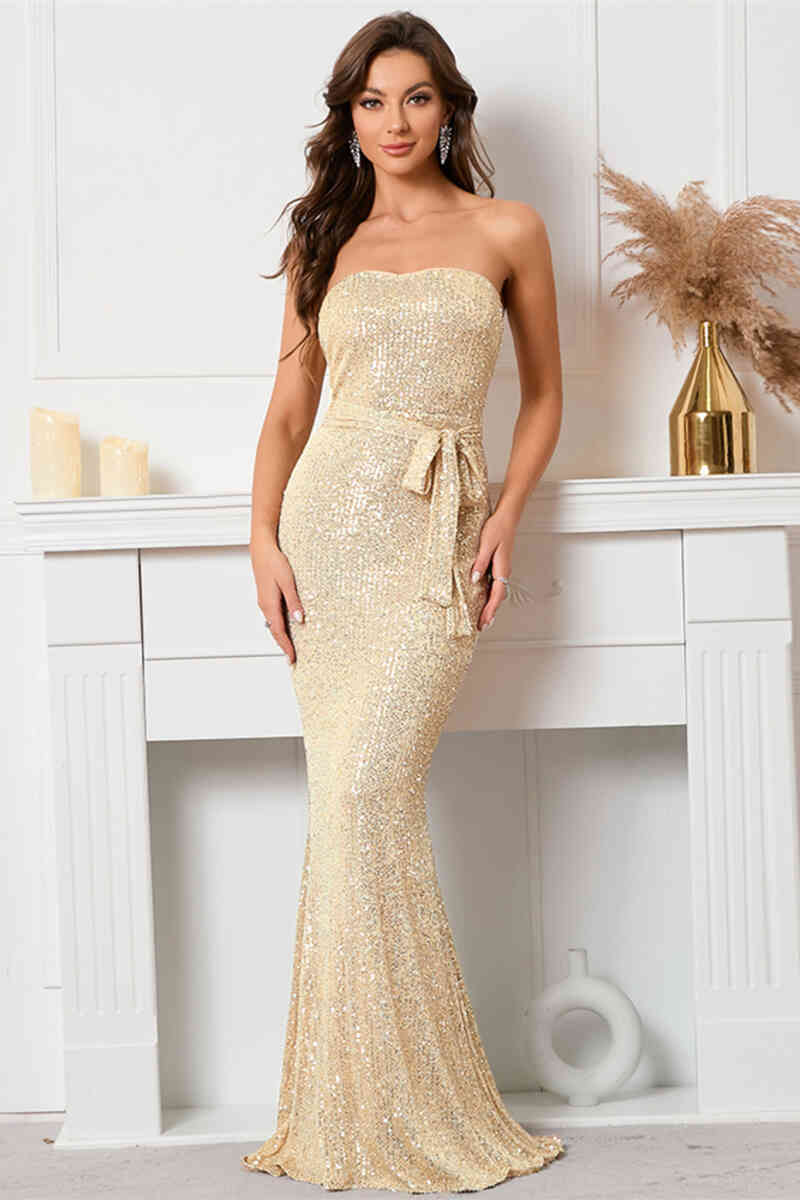 Opulent Sequin Evening Dresses with Strapless Sweetheart Neckline, Defined Waist Tie and Mermaid Silhouette Formal Gown