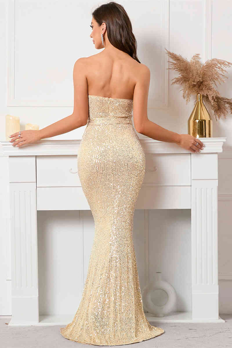 Opulent Sequin Evening Dresses with Strapless Sweetheart Neckline, Defined Waist Tie and Mermaid Silhouette Formal Gown
