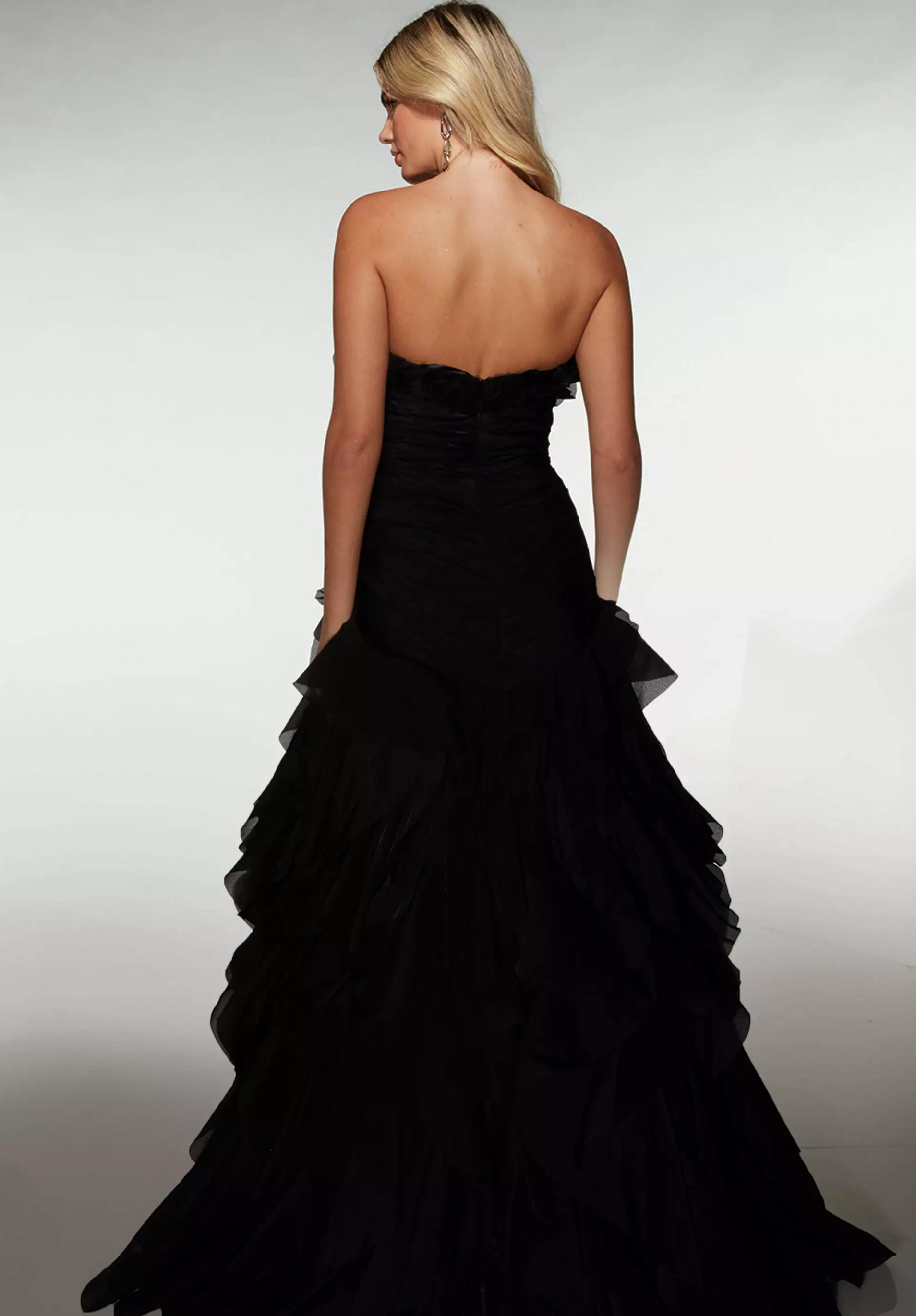 Opulent Strapless Sweetheart Ruffled Tulle Mermaid High Slit Prom Dress with Floral Accent