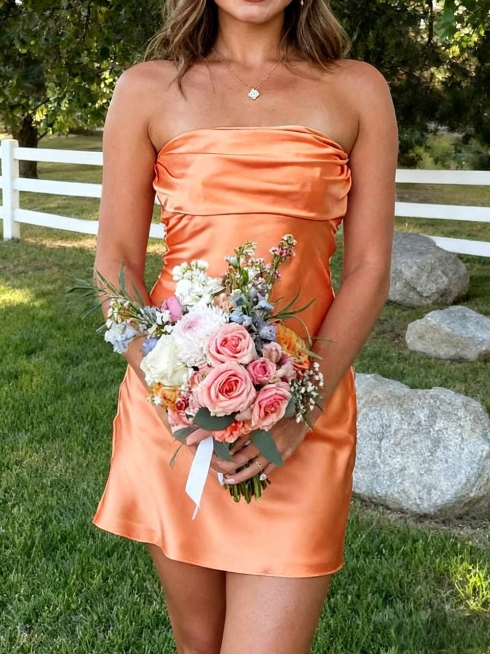 Orange Satin Strapless Ruched Back Zip Flounce Hem Bodycon Mini Homecoming Dresses