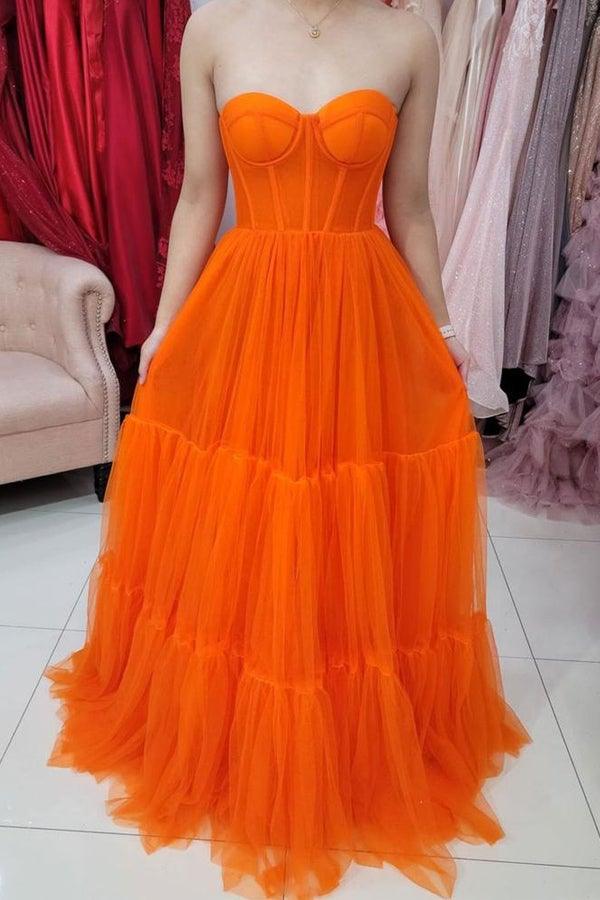 Orange Strapless Corset Tiered Tulle Sweetheart Neck Evening Dresses