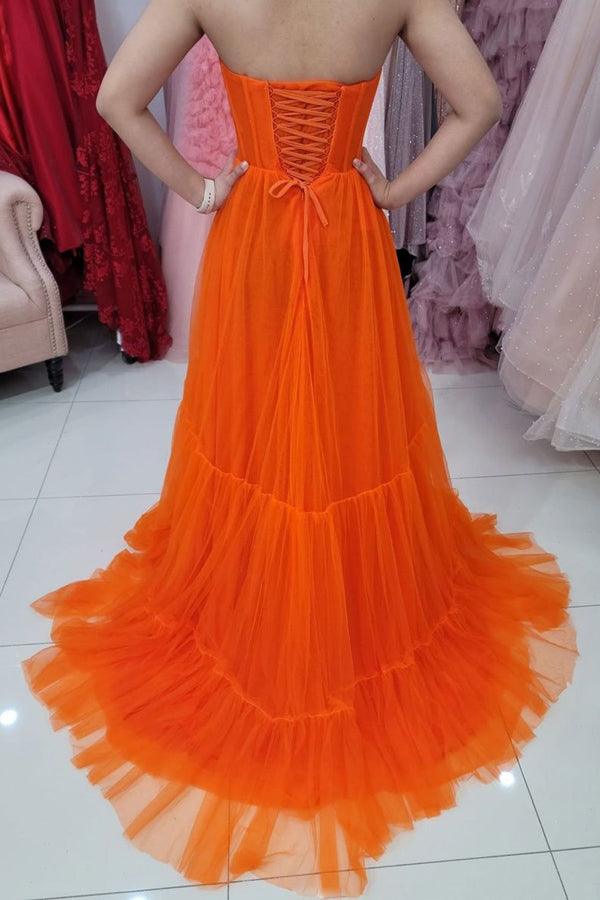 Orange Strapless Corset Tiered Tulle Sweetheart Neck Evening Dresses
