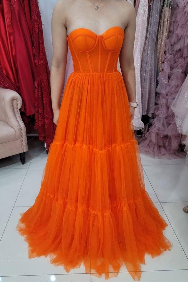 Orange Strapless Corset Tiered Tulle Sweetheart Neck Evening Dresses