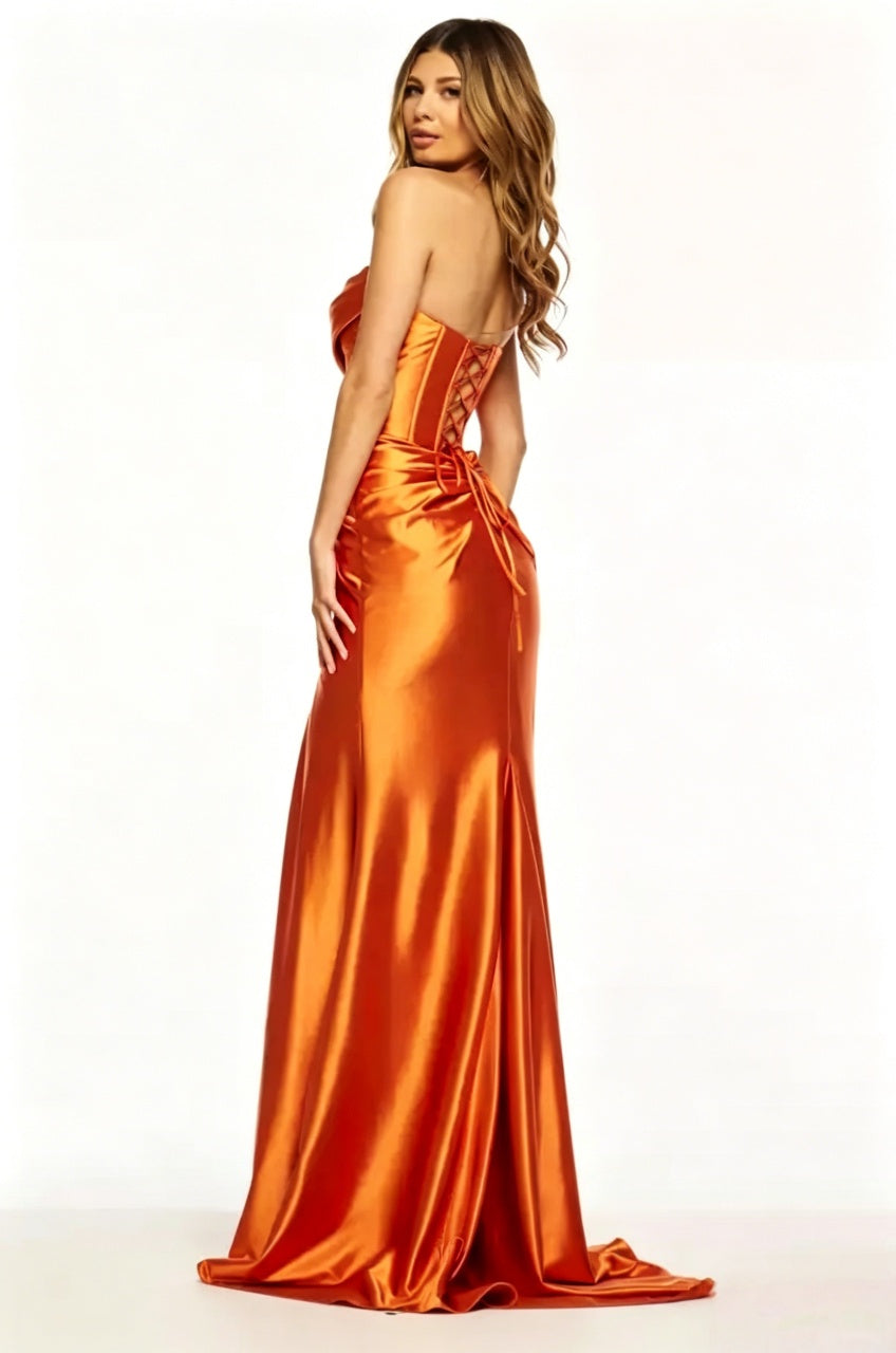 Strapless Satin Corset High Slit Ruched Lace-Up Back Floor Length Evening Dresses