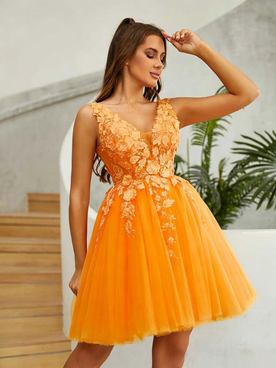 Orange Tulle Sleeveless Deep V Backless 3D Floral Lace Applique A-Line Short Homecoming Dresses